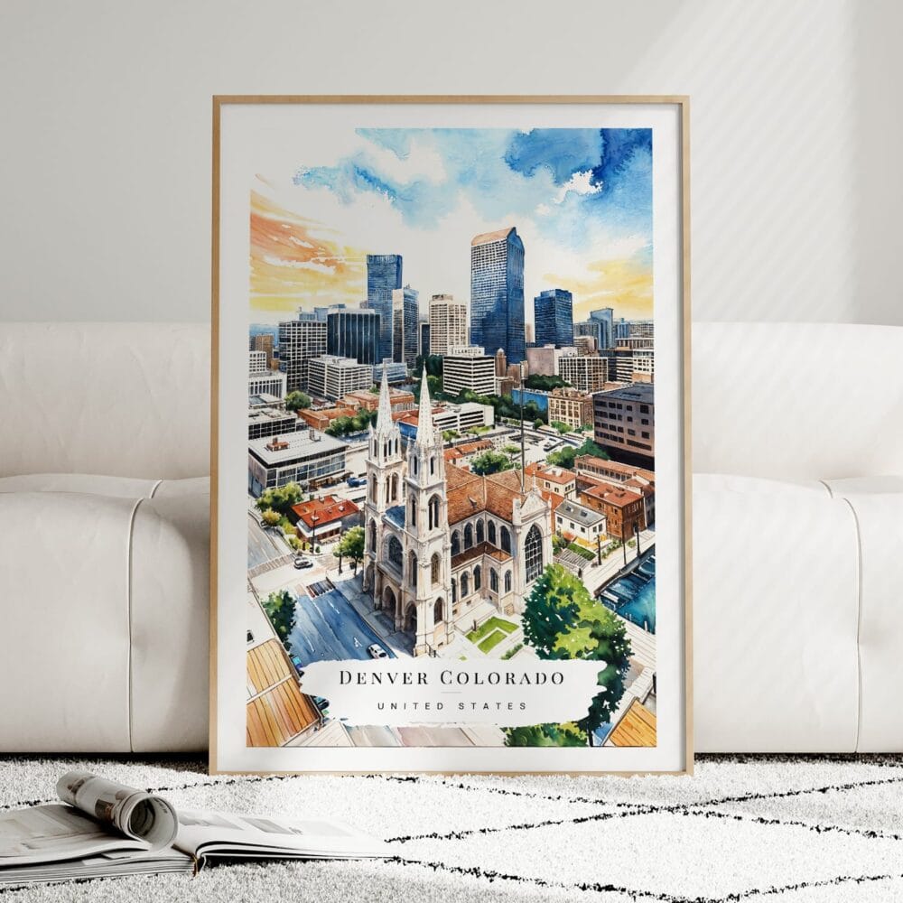 01 - Framed Denver Colorado Skyline Watercolor Wall Art leaning against couch - Portrait 01 - Framed Denver Colorado Skyline Watercolor Wall Art leaning against couch - Portrait