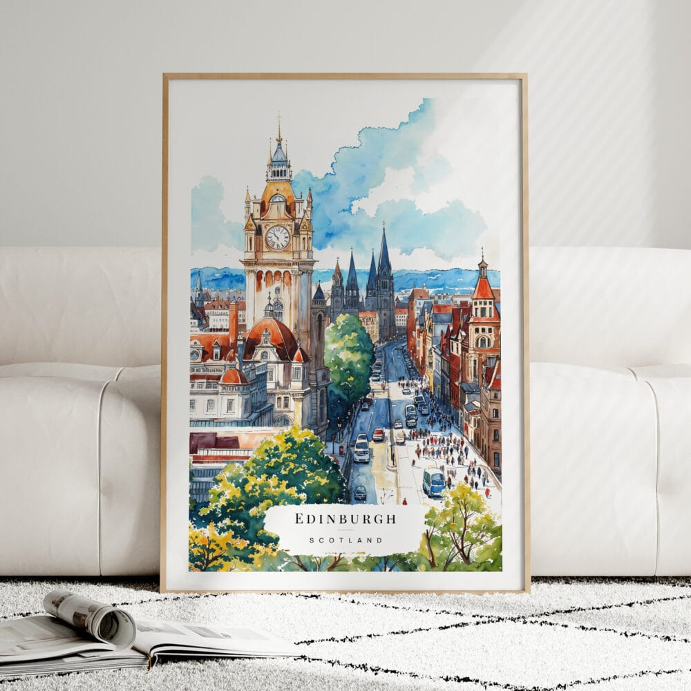 01 - Framed Edinburgh Skyline Watercolor Wall Art leaning against couch - Portrait 01 - Framed Edinburgh Skyline Watercolor Wall Art leaning against couch - Portrait