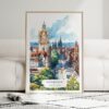 01 - Framed Edinburgh Skyline Watercolor Wall Art leaning against couch - Portrait