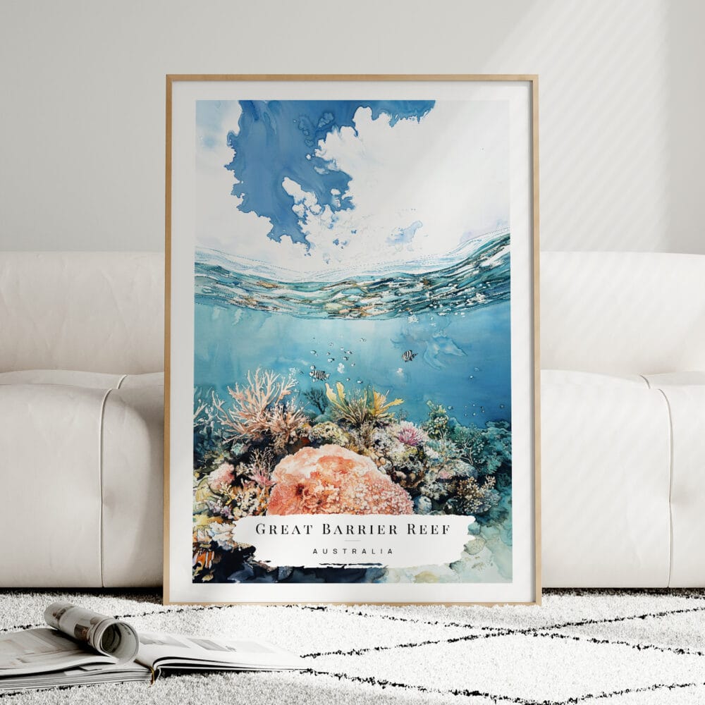 01 - Framed Great Barrier Reef Watercolor Wall Art leaning against couch - Portrait 01 - Framed Great Barrier Reef Watercolor Wall Art leaning against couch - Portrait