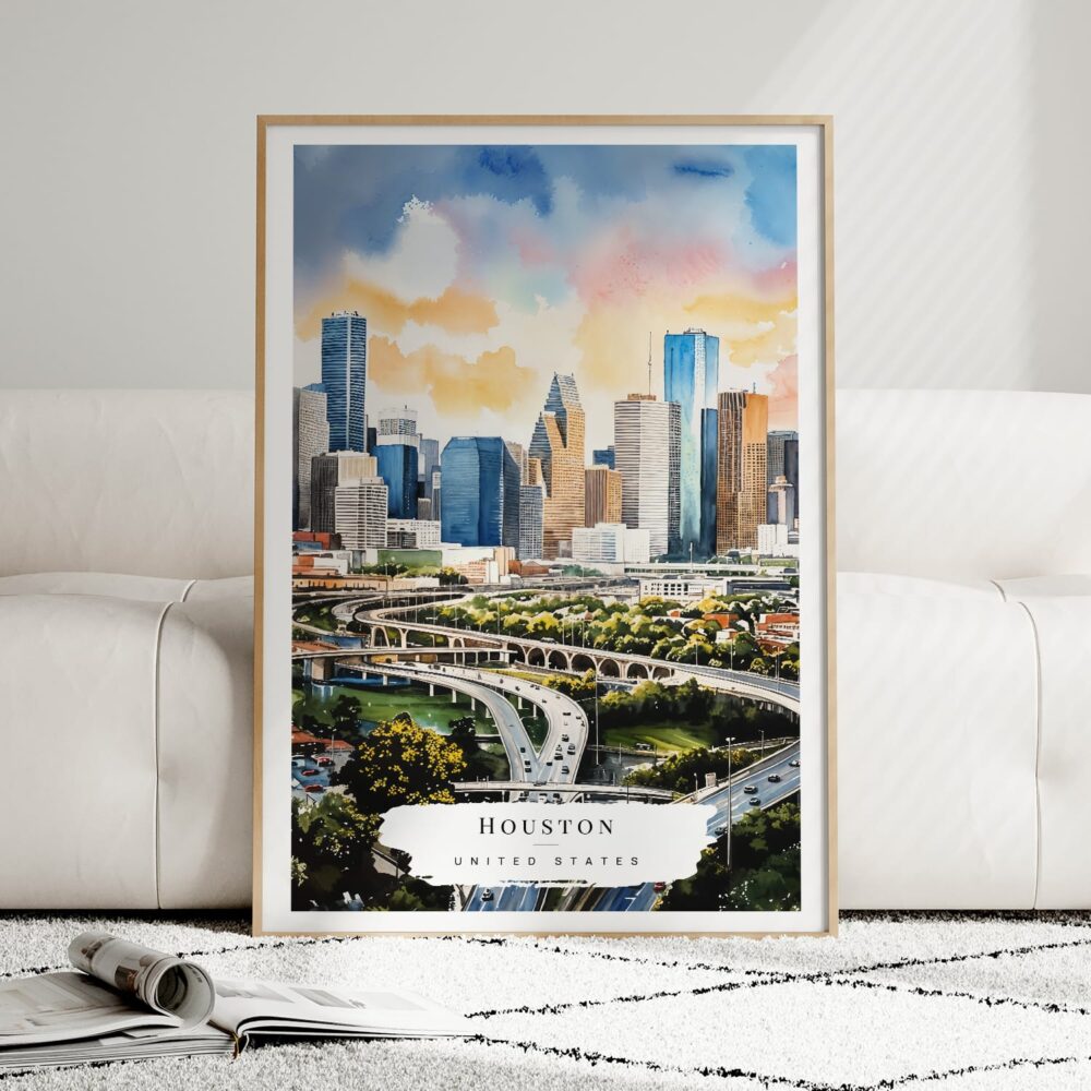 01 - Framed Houston Texas Watercolor Wall Art leaning against couch - Portrait 01 - Framed Houston Texas Watercolor Wall Art leaning against couch - Portrait