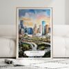 01 - Framed Houston Texas Watercolor Wall Art leaning against couch - Portrait