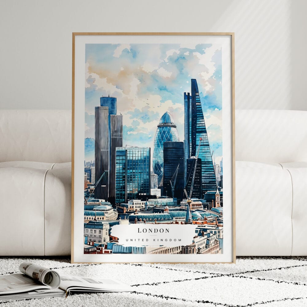 01 - Framed London Business Skyline Watercolor Wall Art leaning against couch - Portrait 01 - Framed London Business Skyline Watercolor Wall Art leaning against couch - Portrait