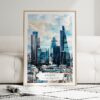 01 - Framed London Business Skyline Watercolor Wall Art leaning against couch - Portrait