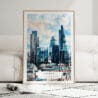 01 - Framed London Business Skyline Watercolor Wall Art leaning against couch - Portrait