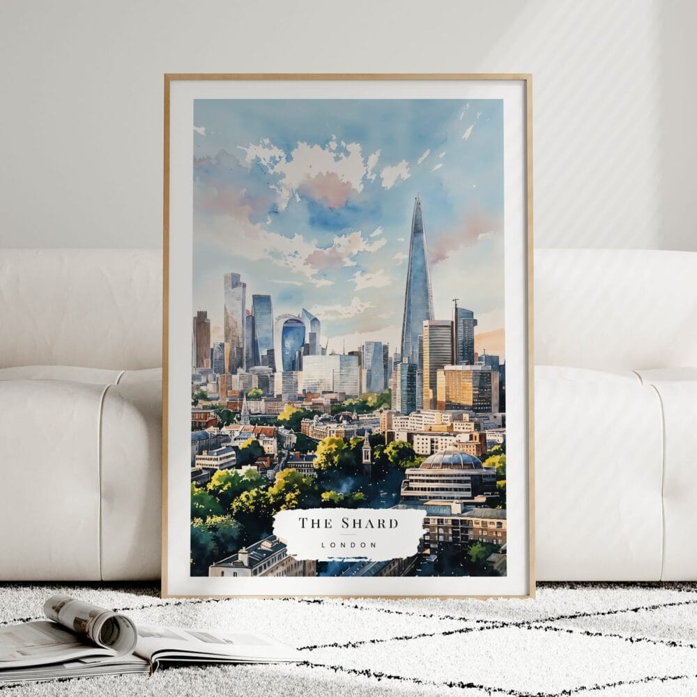 01 - Framed London The Shard Watercolor Wall Art leaning against couch - Portrait 01 - Framed London The Shard Watercolor Wall Art leaning against couch - Portrait