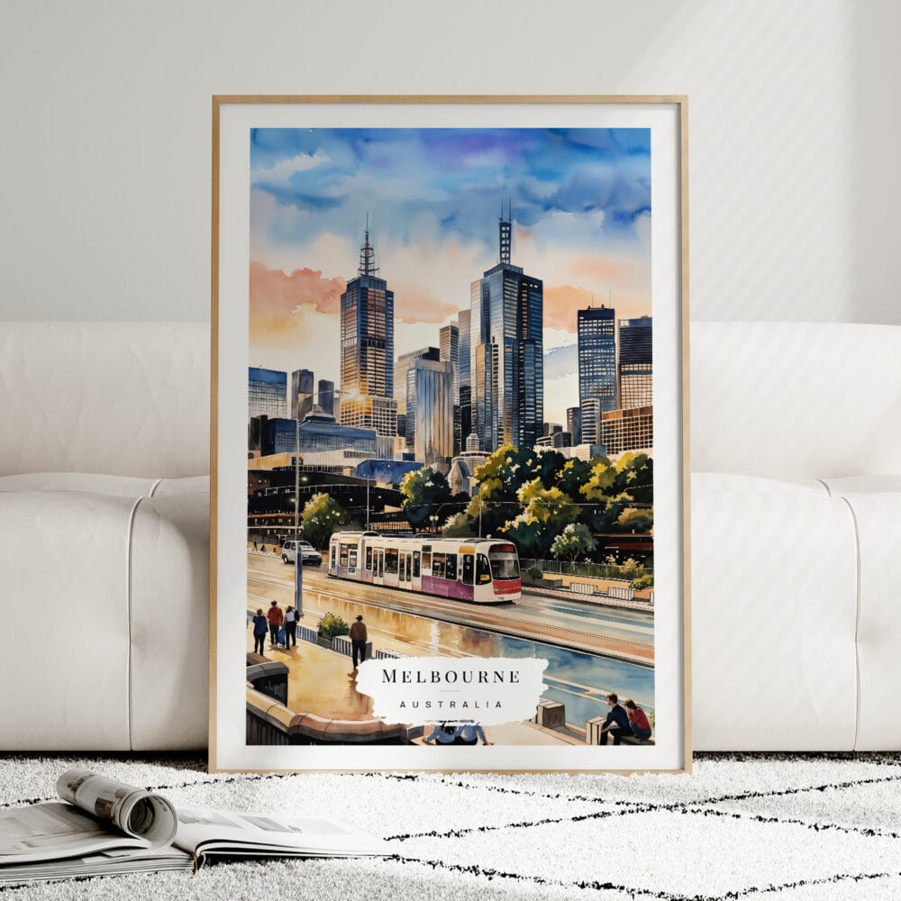 01 - Framed Melbourne Watercolor Wall Art leaning against couch - Portrait 01 - Framed Melbourne Watercolor Wall Art leaning against couch - Portrait