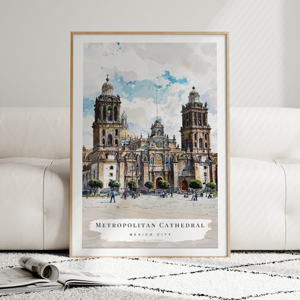 01 - Framed Mexico Metropolitan Cathedral Watercolor Wall Art leaning against couch - Portrait 01 - Framed Mexico Metropolitan Cathedral Watercolor Wall Art leaning against couch - Portrait