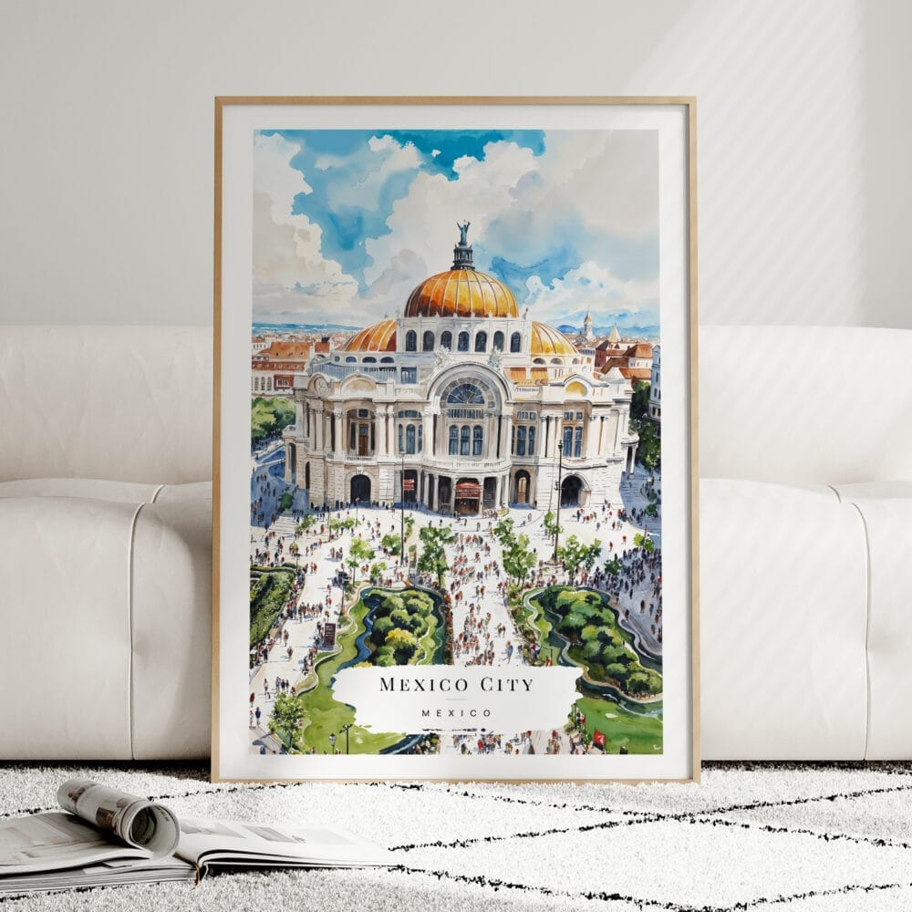 01 - Framed Mexico Palacio de Bellas Artes Watercolor Wall Art leaning against couch - Portrait 01 - Framed Mexico Palacio de Bellas Artes Watercolor Wall Art leaning against couch - Portrait