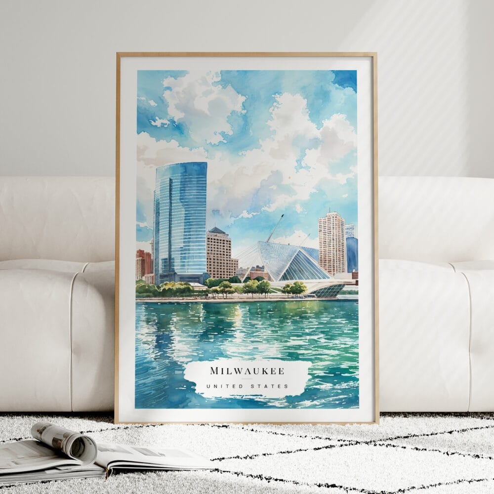 01 - Framed Milwaukee Skyline Watercolor Wall Art leaning against couch - Portrait 01 - Framed Milwaukee Skyline Watercolor Wall Art leaning against couch - Portrait