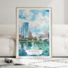 01 - Framed Milwaukee Skyline Watercolor Wall Art leaning against couch - Portrait