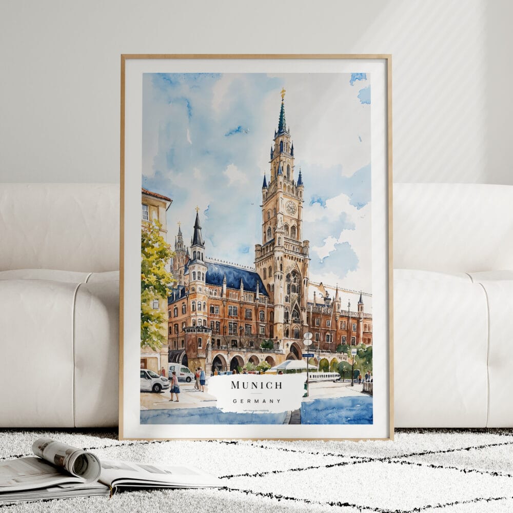 01 - Framed Munich Marienplatz Watercolor Wall Art leaning against couch - Portrait 01 - Framed Munich Marienplatz Watercolor Wall Art leaning against couch - Portrait