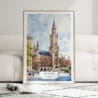 01 - Framed Munich Marienplatz Watercolor Wall Art leaning against couch - Portrait