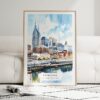 01 - Framed Nashville Skyline Watercolor Wall Art leaning against couch - Portrait