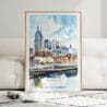 01 - Framed Nashville Skyline Watercolor Wall Art leaning against couch - Portrait