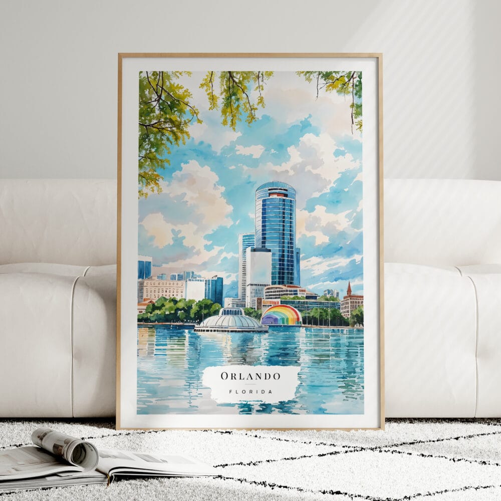01 - Framed Orlando Florida Watercolor Wall Art leaning against couch - Portrait 01 - Framed Orlando Florida Watercolor Wall Art leaning against couch - Portrait