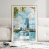 01 - Framed Orlando Florida Watercolor Wall Art leaning against couch - Portrait