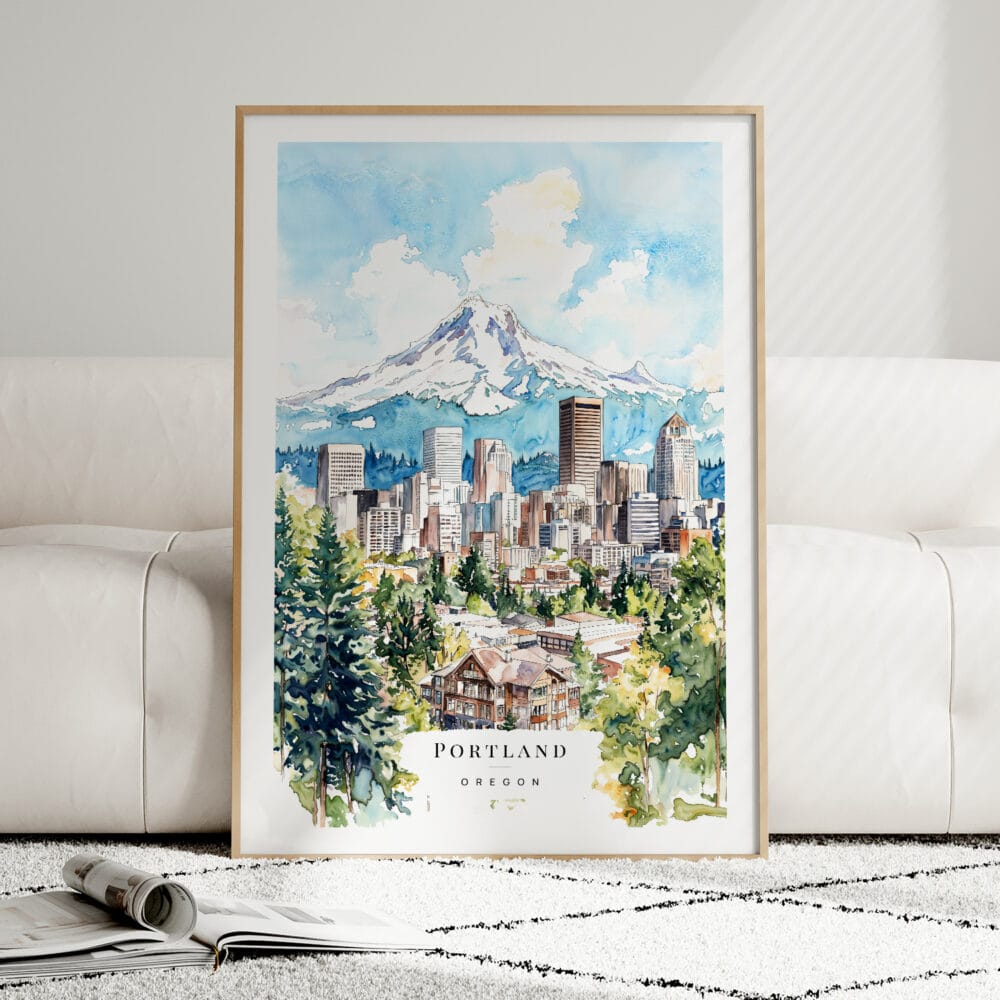 01 - Framed Portland Oregon Watercolor Wall Art leaning against couch - Portrait 01 - Framed Portland Oregon Watercolor Wall Art leaning against couch - Portrait