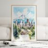 01 - Framed Portland Oregon Watercolor Wall Art leaning against couch - Portrait