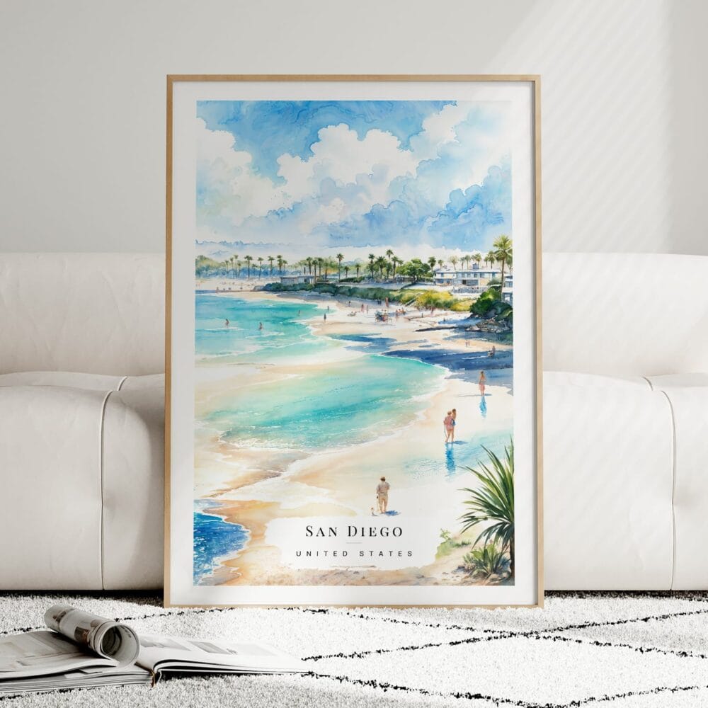 01 - Framed San Diego Beach Watercolor Wall Art leaning against couch - Portrait 01 - Framed San Diego Beach Watercolor Wall Art leaning against couch - Portrait