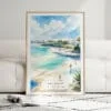 01 - Framed San Diego Beach Watercolor Wall Art leaning against couch - Portrait