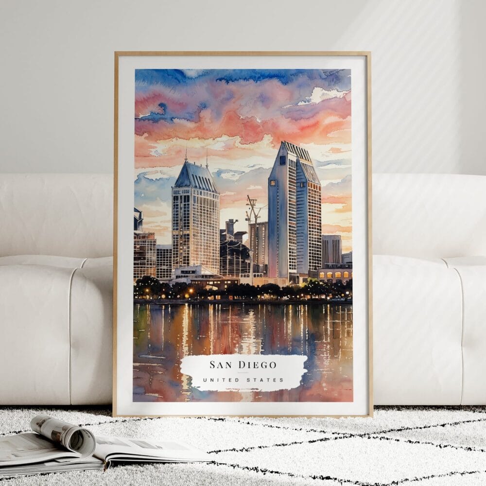 01 - Framed San Diego Skyline Watercolor Wall Art leaning against couch - Portrait 01 - Framed San Diego Skyline Watercolor Wall Art leaning against couch - Portrait