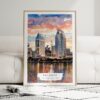 01 - Framed San Diego Skyline Watercolor Wall Art leaning against couch - Portrait