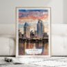01 - Framed San Diego Skyline Watercolor Wall Art leaning against couch - Portrait