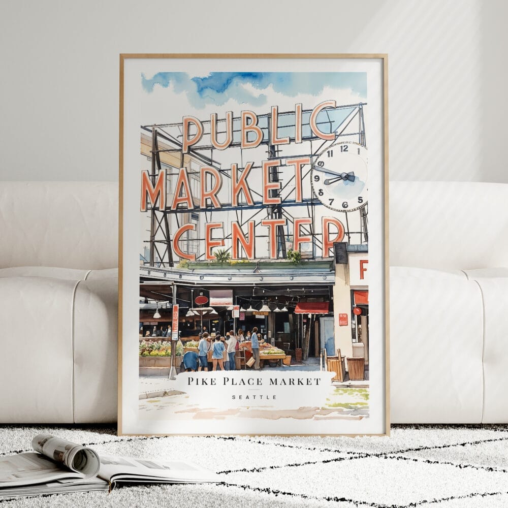 01 - Framed Seattle Pike Place Market Watercolor Wall Art leaning against couch - Portrait 01 - Framed Seattle Pike Place Market Watercolor Wall Art leaning against couch - Portrait