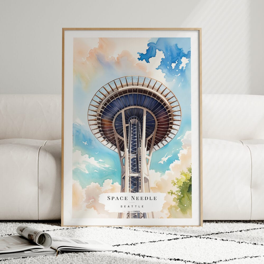 01 - Framed Seattle Space Needle Closeup Watercolor Wall Art leaning against couch - Portrait 01 - Framed Seattle Space Needle Closeup Watercolor Wall Art leaning against couch - Portrait