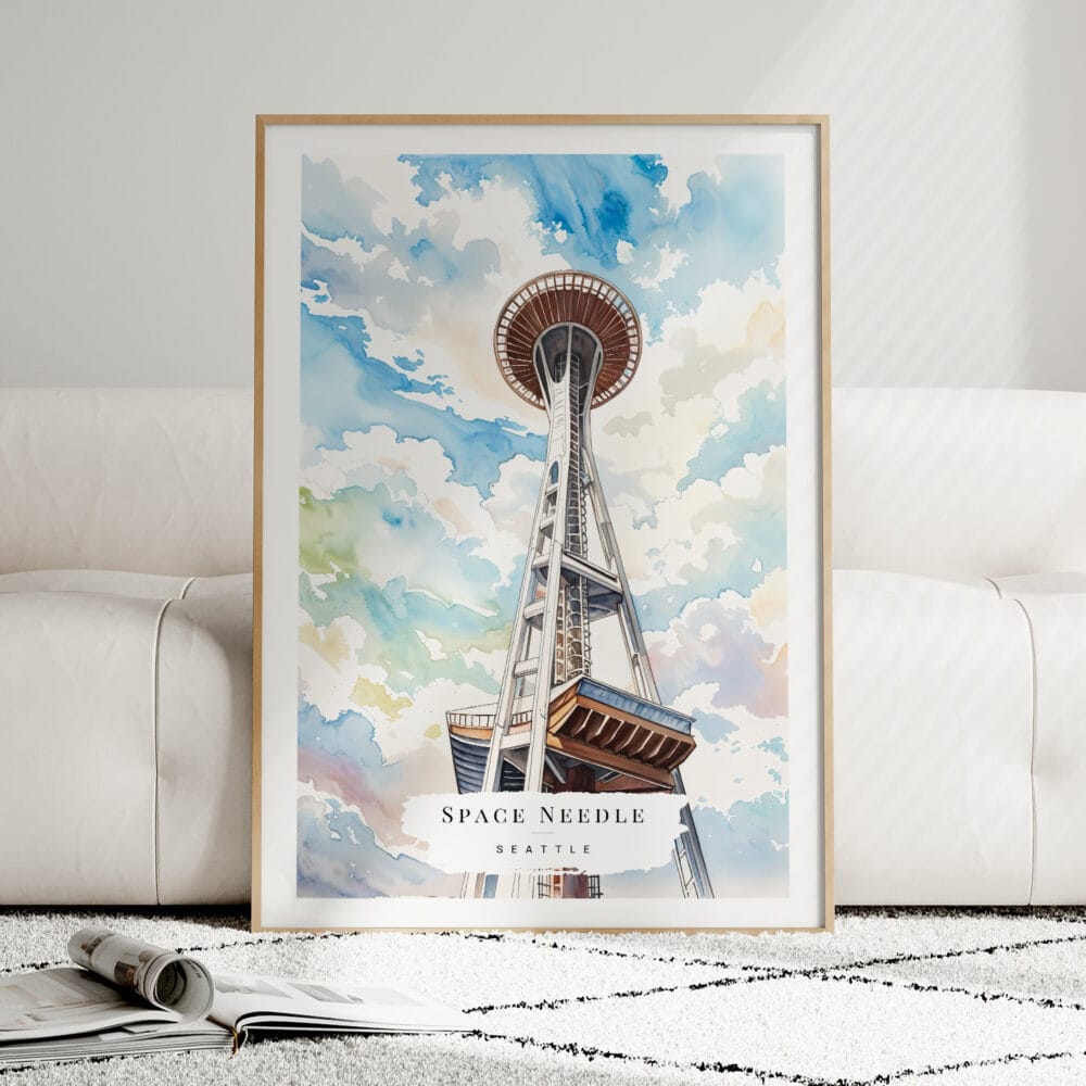 01 - Framed Seattle Space Needle Watercolor Wall Art leaning against couch - Portrait 01 - Framed Seattle Space Needle Watercolor Wall Art leaning against couch - Portrait