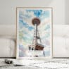 01 - Framed Seattle Space Needle Watercolor Wall Art leaning against couch - Portrait