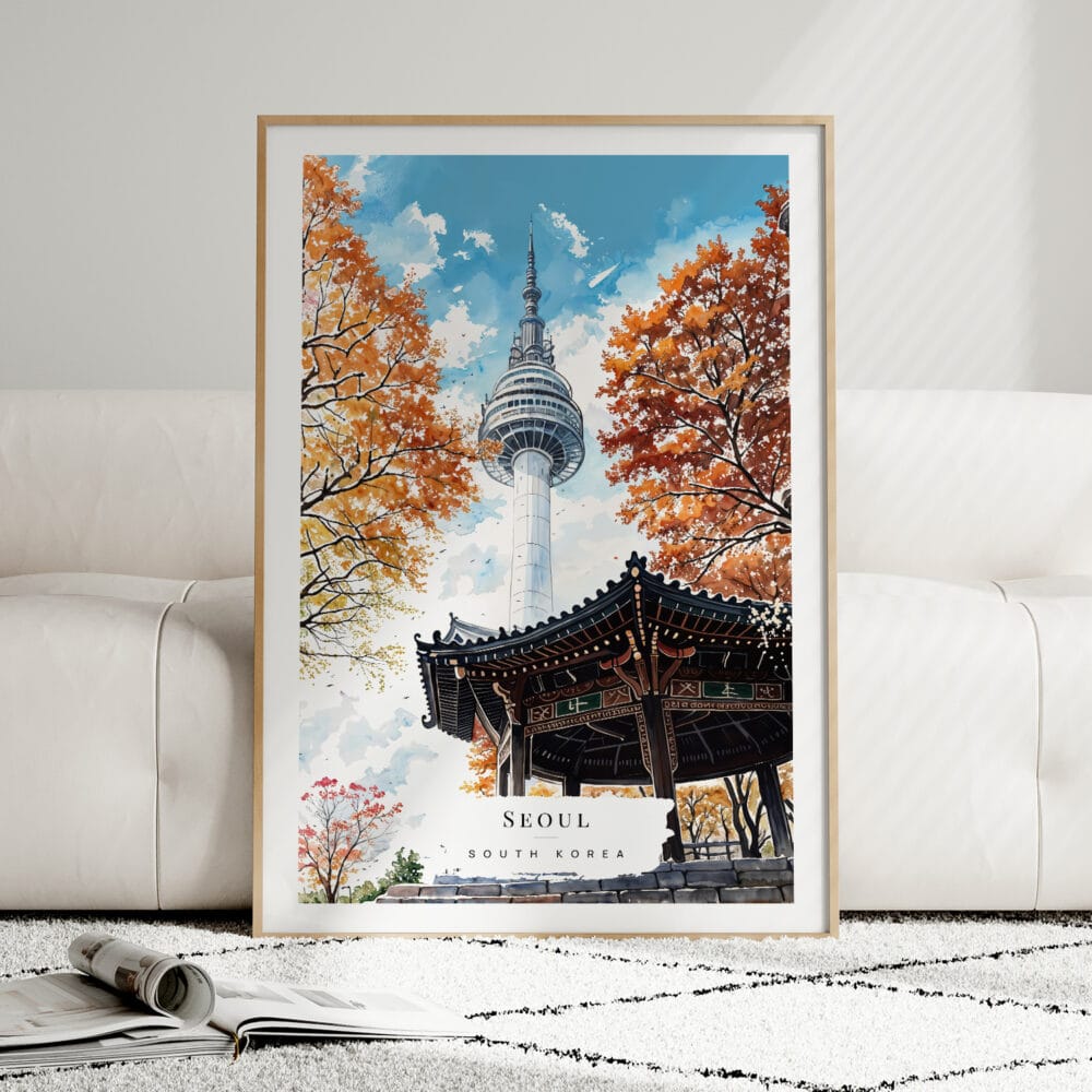 01 - Framed Seoul N Seoul Tower Korea Watercolor Wall Art leaning against couch - Portrait 01 - Framed Seoul N Seoul Tower Korea Watercolor Wall Art leaning against couch - Portrait