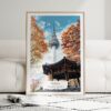 01 - Framed Seoul N Seoul Tower Korea Watercolor Wall Art leaning against couch - Portrait