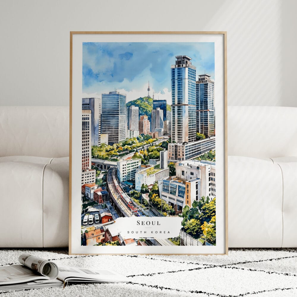 01 - Framed Seoul Skyline Watercolor Wall Art leaning against couch - Portrait 01 - Framed Seoul Skyline Watercolor Wall Art leaning against couch - Portrait