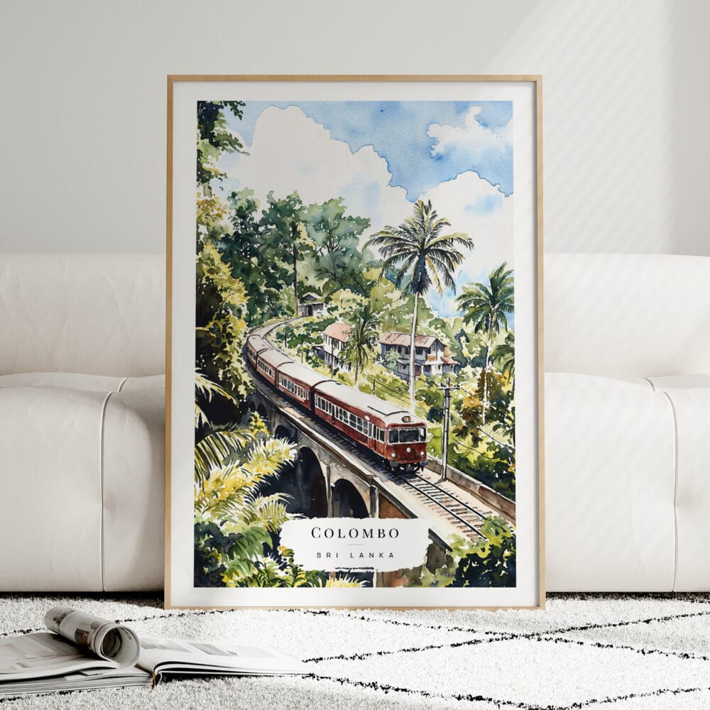 01 - Framed Sri Lanka Train Watercolor Wall Art leaning against couch - Portrait 01 - Framed Sri Lanka Train Watercolor Wall Art leaning against couch - Portrait