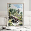 01 - Framed Sri Lanka Train Watercolor Wall Art leaning against couch - Portrait