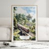 01 - Framed Sri Lanka Train Watercolor Wall Art leaning against couch - Portrait