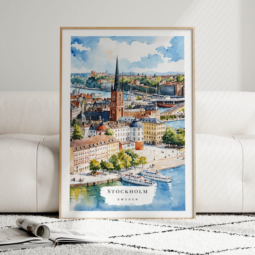 01 - Framed Stockholm Skyline Watercolor Wall Art leaning against couch - Portrait 01 - Framed Stockholm Skyline Watercolor Wall Art leaning against couch - Portrait
