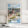 01 - Framed Stockholm Skyline Watercolor Wall Art leaning against couch - Portrait