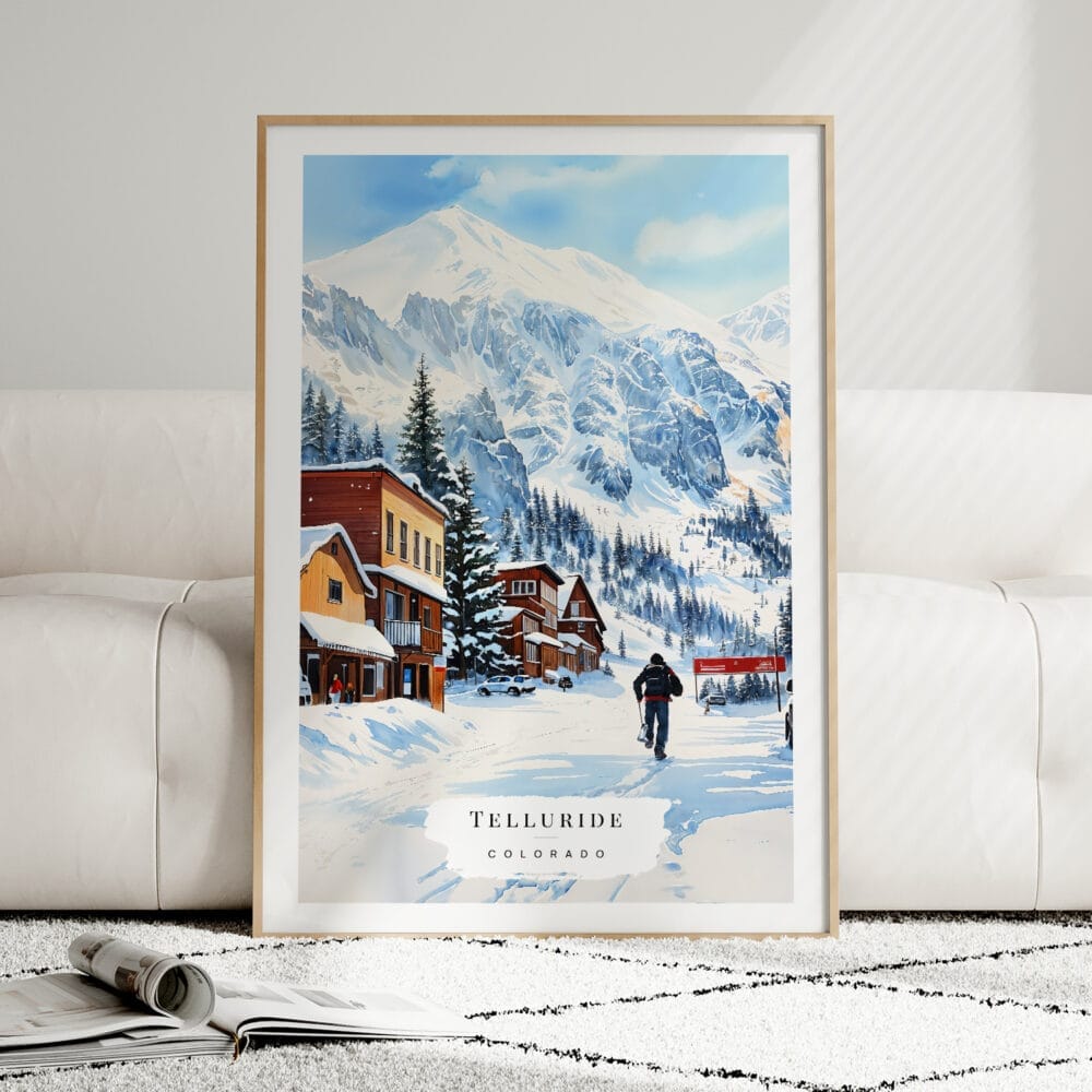 01 - Framed Telluride Colorado Watercolor Wall Art leaning against couch - Portrait 01 - Framed Telluride Colorado Watercolor Wall Art leaning against couch - Portrait