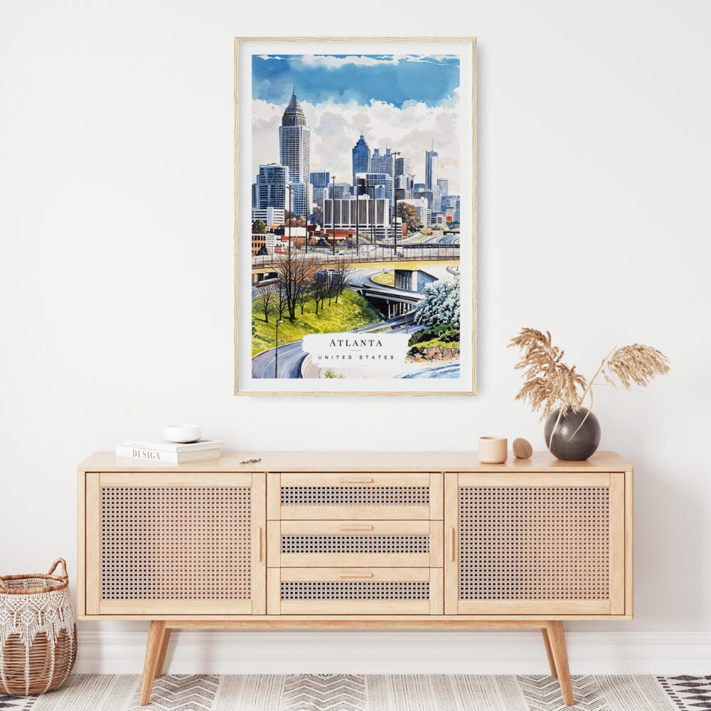 02 - Atlanta Skyline Watercolor Art Print Hanging above Shelf 02 - Atlanta Skyline Watercolor Art Print Hanging above Shelf