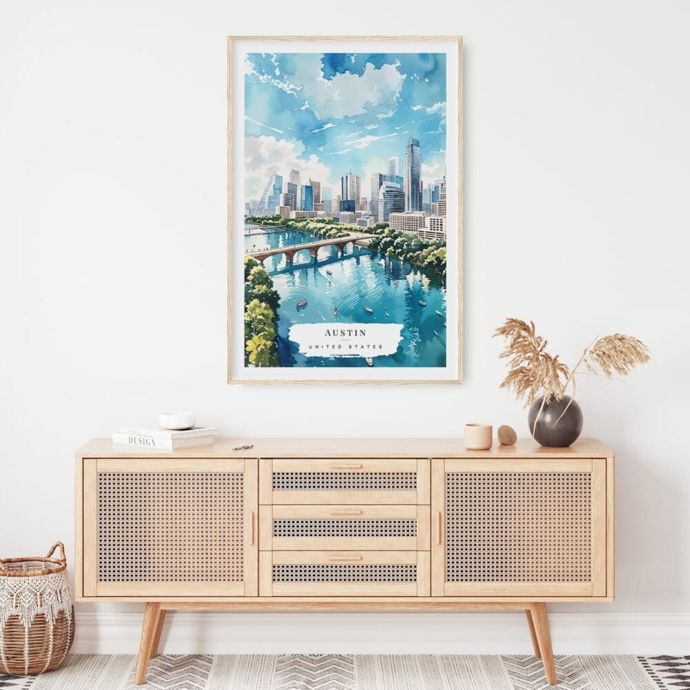 02 - Austin Texas Watercolor Art Print Hanging above Shelf 02 - Austin Texas Watercolor Art Print Hanging above Shelf