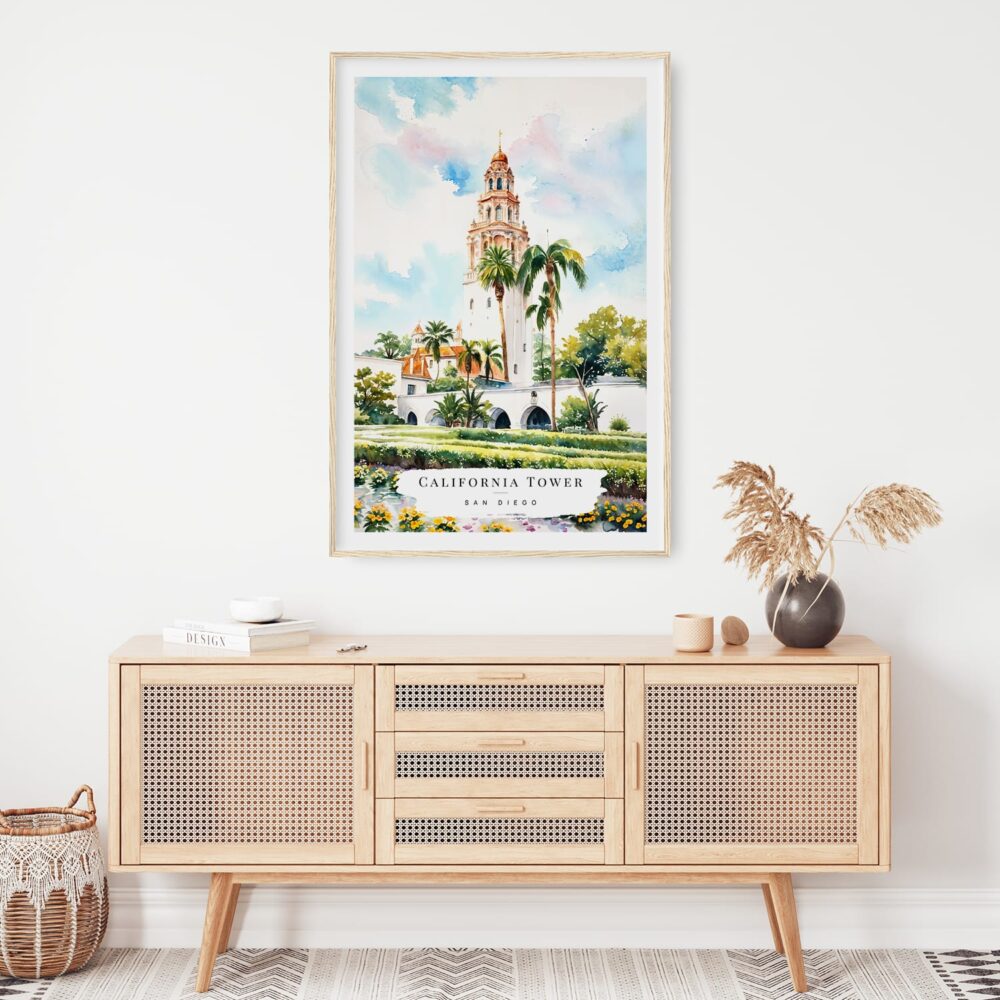 02 - Balboa Park California Tower Watercolor Art Print Hanging above Shelf 02 - Balboa Park California Tower Watercolor Art Print Hanging above Shelf