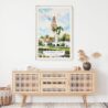 02 - Balboa Park California Tower Watercolor Art Print Hanging above Shelf