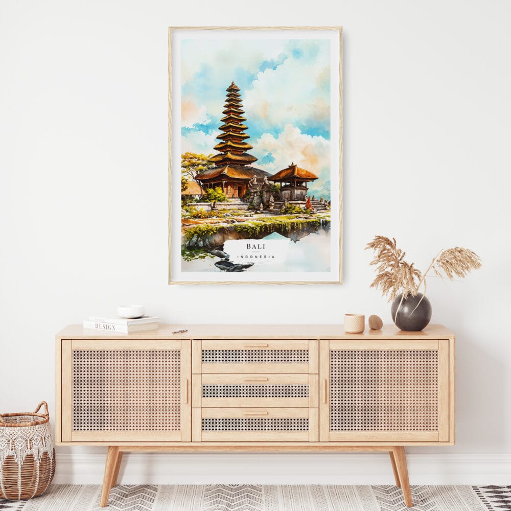 02 - Bali Temple Watercolor Art Print Hanging above Shelf 02 - Bali Temple Watercolor Art Print Hanging above Shelf
