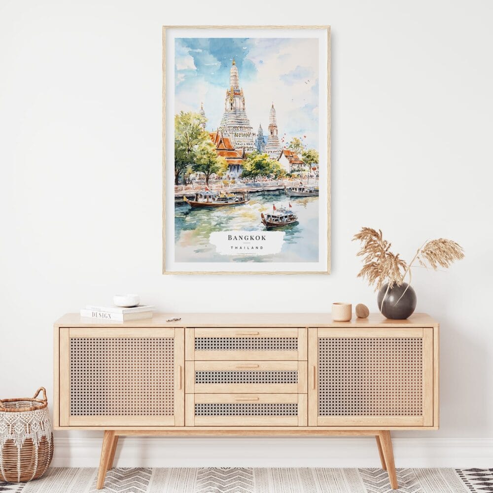 02 - Bangkok Wat Arun Watercolor Art Print Hanging above Shelf 02 - Bangkok Wat Arun Watercolor Art Print Hanging above Shelf