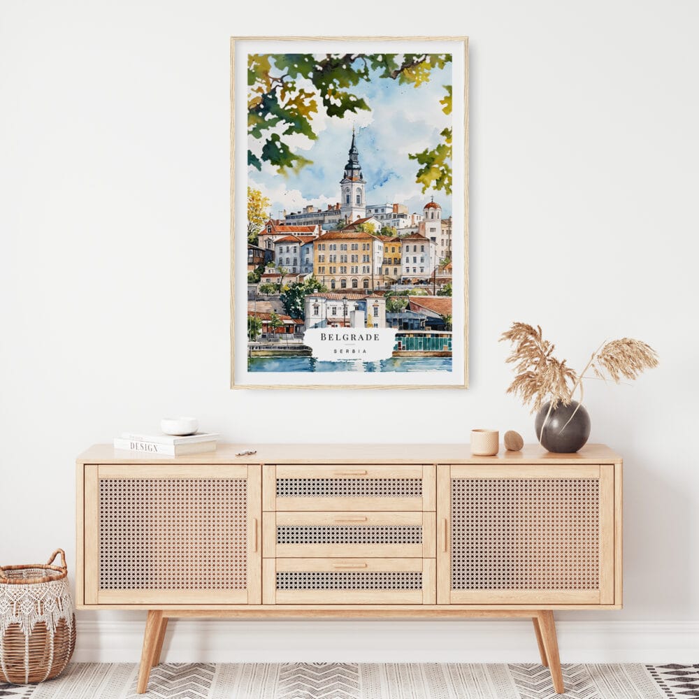 02 - Belgrade Watercolor Art Print Hanging above Shelf 02 - Belgrade Watercolor Art Print Hanging above Shelf