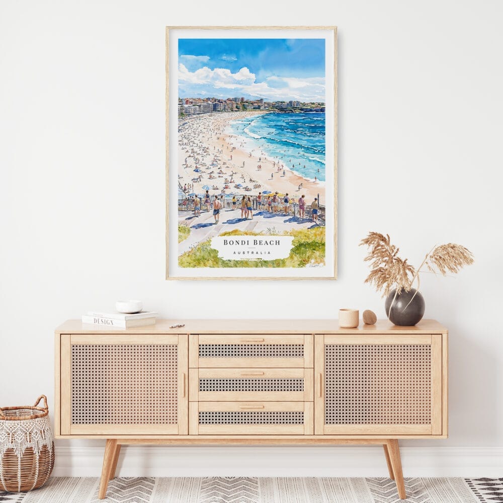 02 - Bondi Beach Watercolor Art Print Hanging above Shelf 02 - Bondi Beach Watercolor Art Print Hanging above Shelf