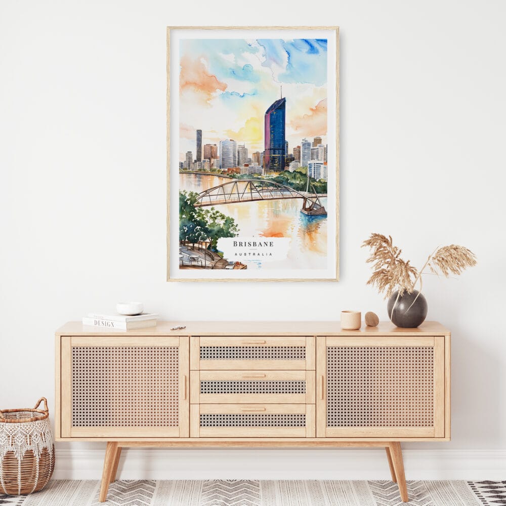 02 - Brisbane Skyline Watercolor Art Print Hanging above Shelf 02 - Brisbane Skyline Watercolor Art Print Hanging above Shelf